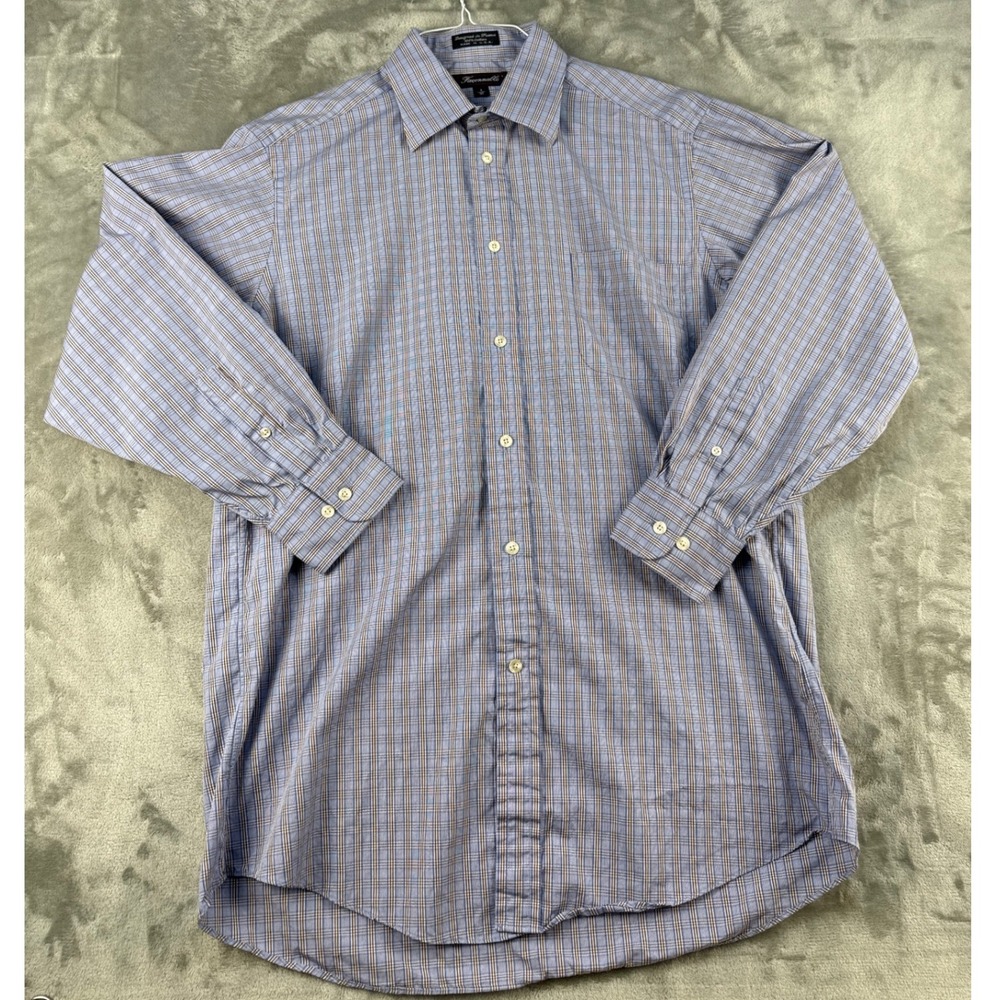 Faconnable Button-Down Mens 16R Plaid Blue Brown Long Sleeve EUC